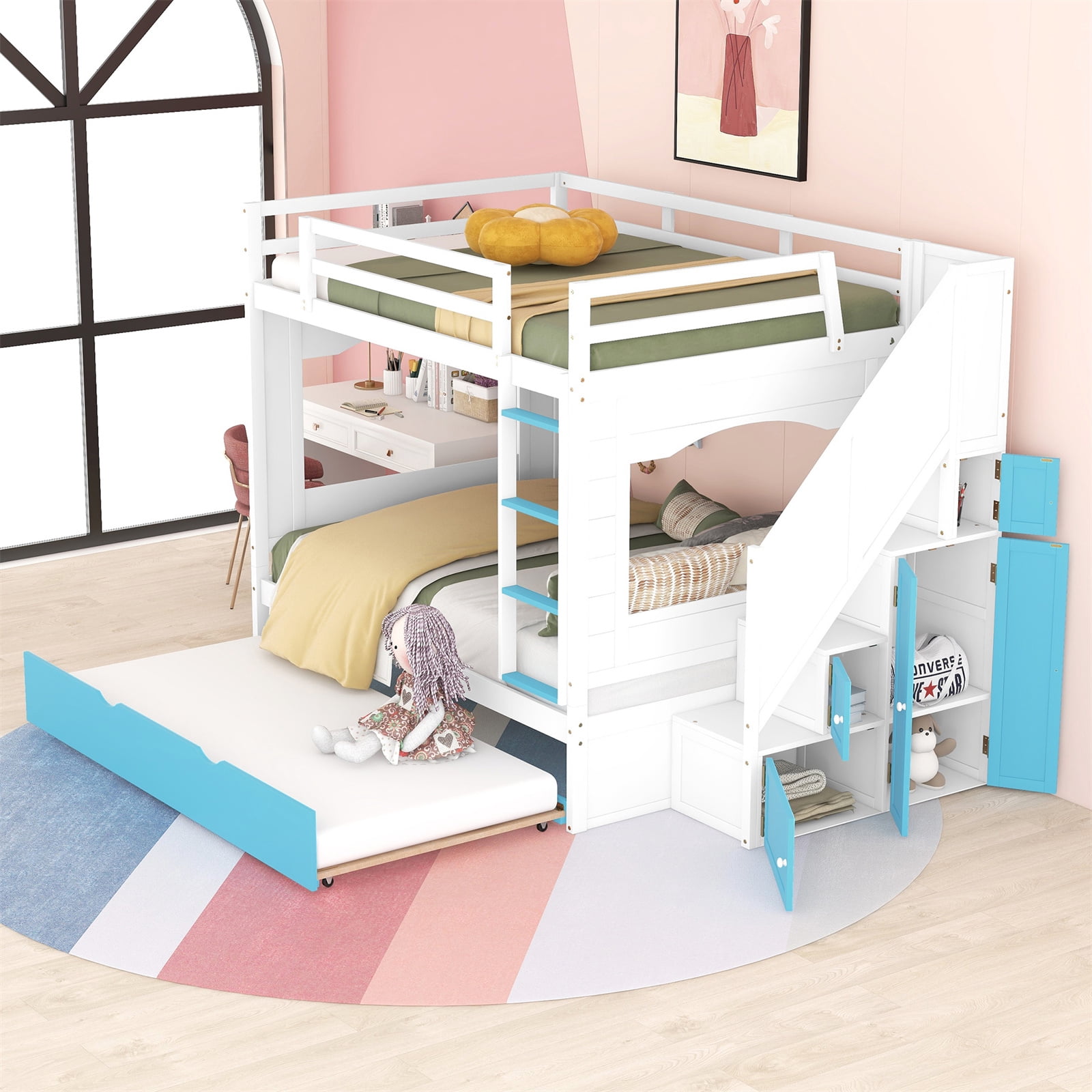 Full Over Full Bunk Bed with Trundle and Storage Cabinet, Solid Wood