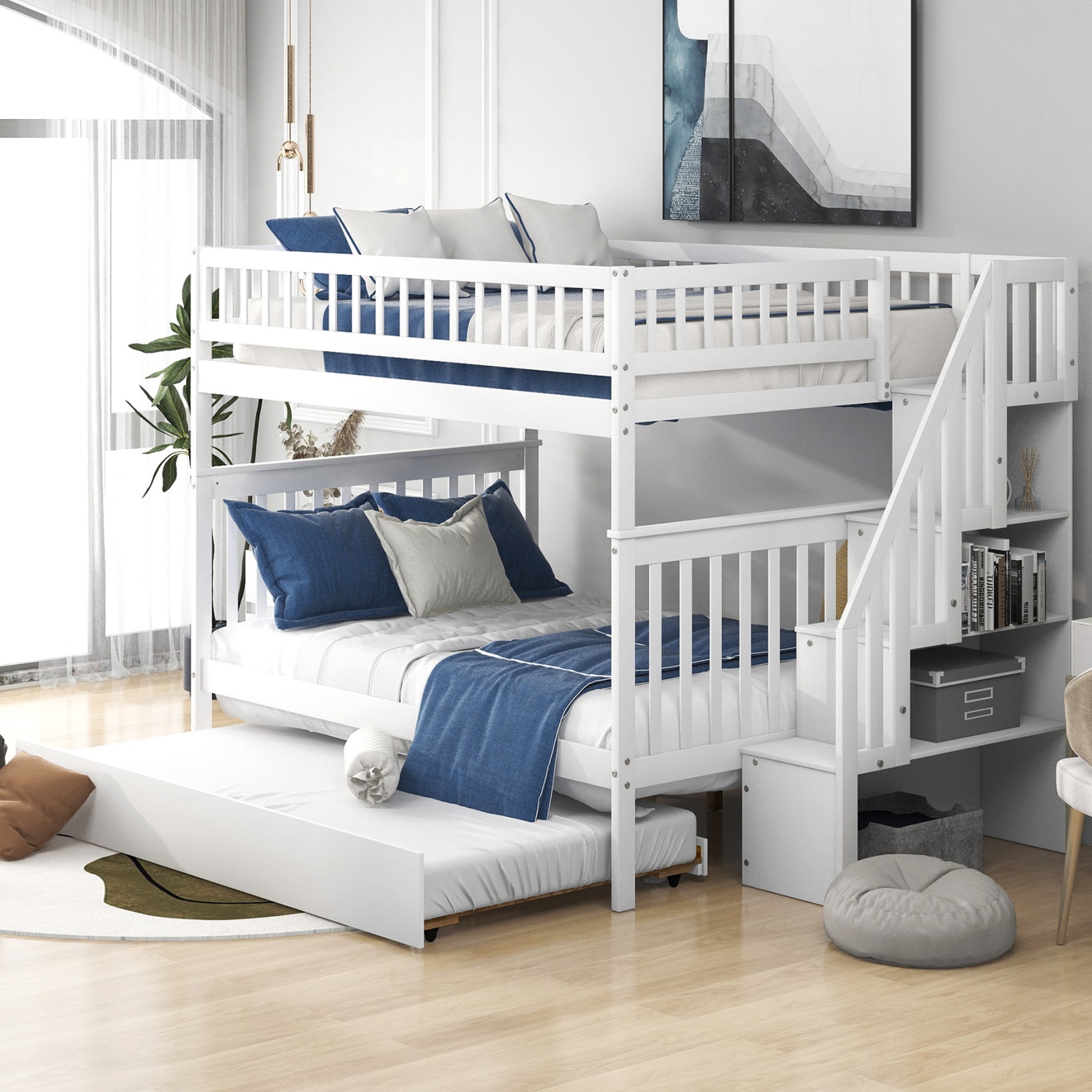 Full Over Full Bunk Bed with Trundle, Full Bunk Bed with Storage Stair