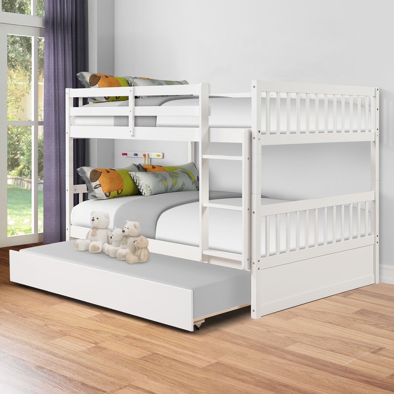 Full Over Full Bunk Bed with Trundle, Sweden Pine Wood Bunk Beds with