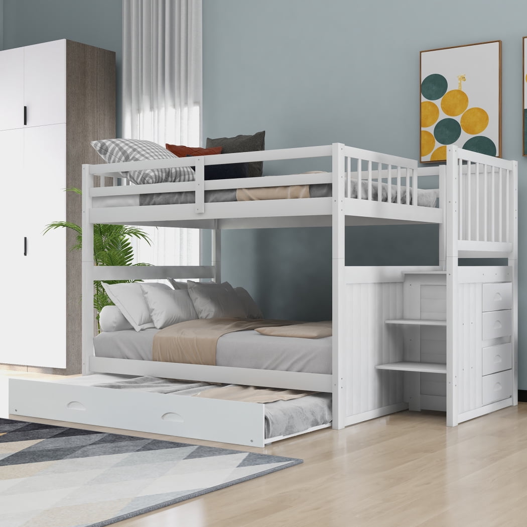 Full Over Full Bunk Bed with Trundles and Stairway, Wood Bunkbed Frame