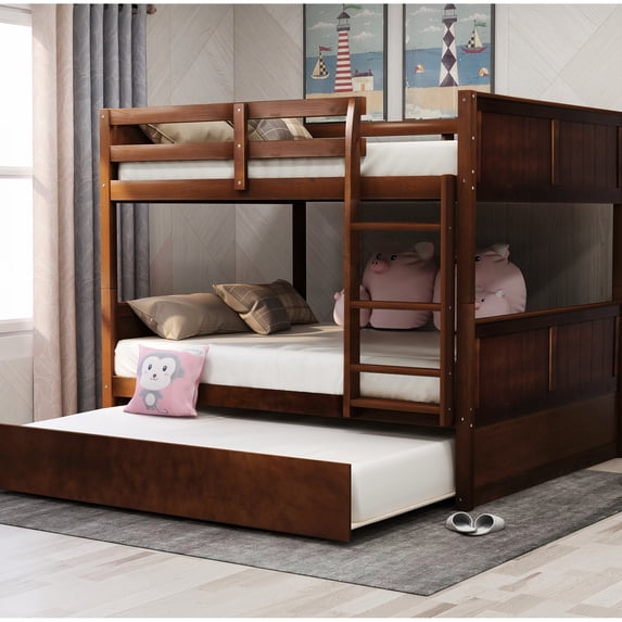 Full Over Bunk Bed With Twin Trundle In Walnut Finish Versatile Deep ...