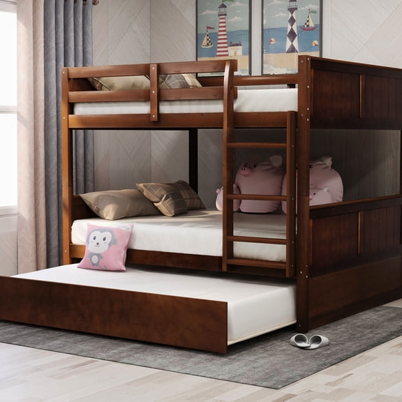 Full Over Bunk Bed With Twin Trundle In Walnut - Solid Construction Elegant Option
