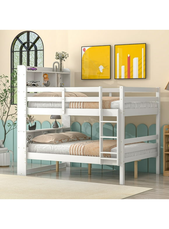 Full Over Full Bunk Beds, Bunk Bed with Bookcase Headboard, Solid Wood Bed Frame with Safety Rail and Ladder, Kids/Teens Bedroom, Guest Room Furniture, Can Be converted into 2 Beds, White