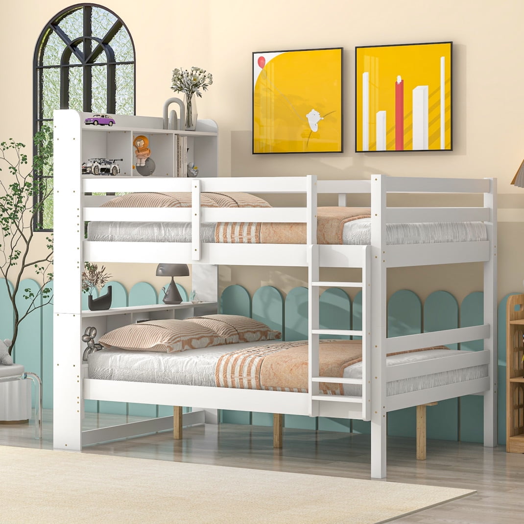 Solid Wood Full Bunk Beds with Detachable Feature, Bookcase Headboard
