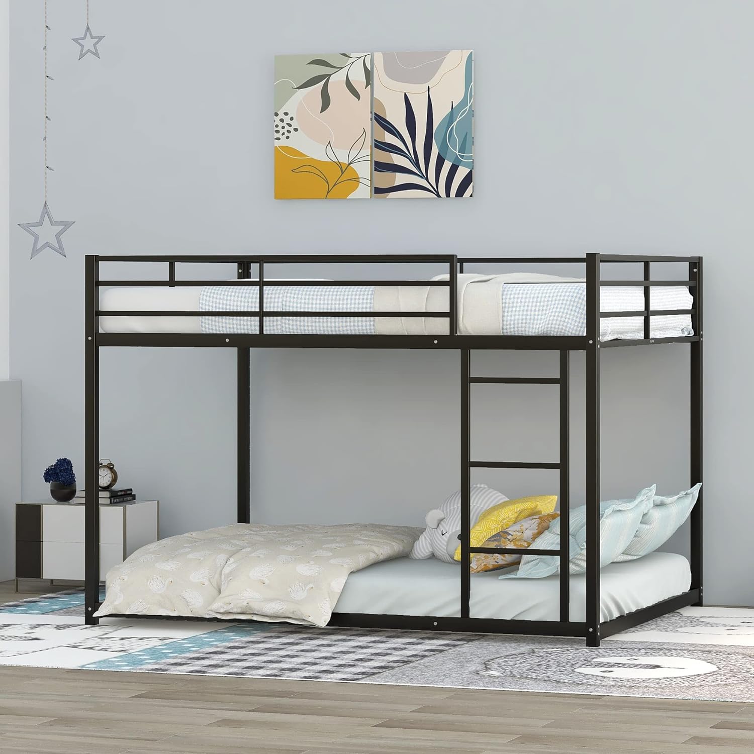 Full Over Full Bunk Beds, Low Bunk Beds With Ladder,Sturdy Metal Bunk