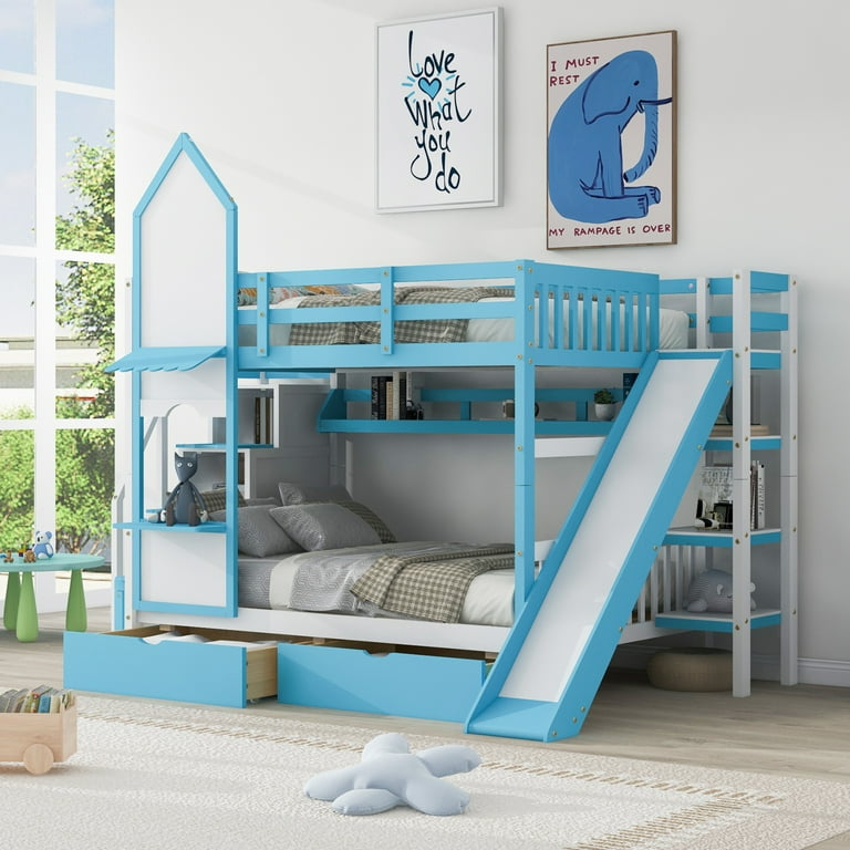 Full Over Full Bunk Bed Castle Style Bed Frame with 2 Drawers Guard Rails Slide Storage Shelf Stairs Solid Wood House Bunk Bed for Children Teens No Box Spring Needed Blue Walmart