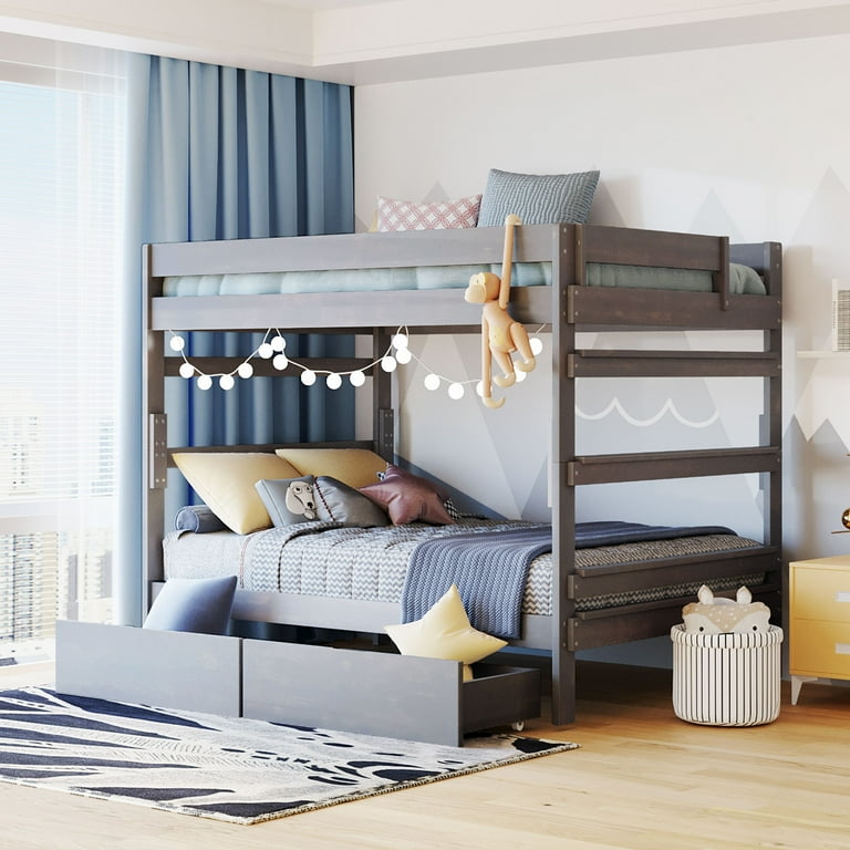 Full Over Full Bunk Bed Frame with Two Storage Under Bed Drawers