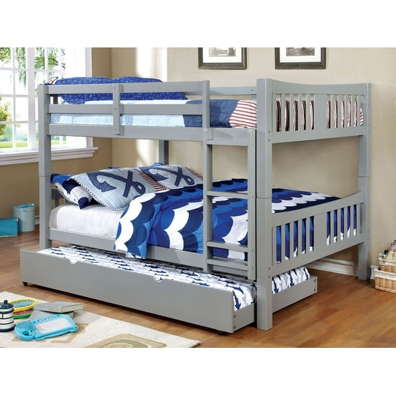 Full Over Full Bunk Bed Gray Finish Transitional Style Attached Ladder Upper Bed Rails Lock Joint Structure And Trundle-Not Included