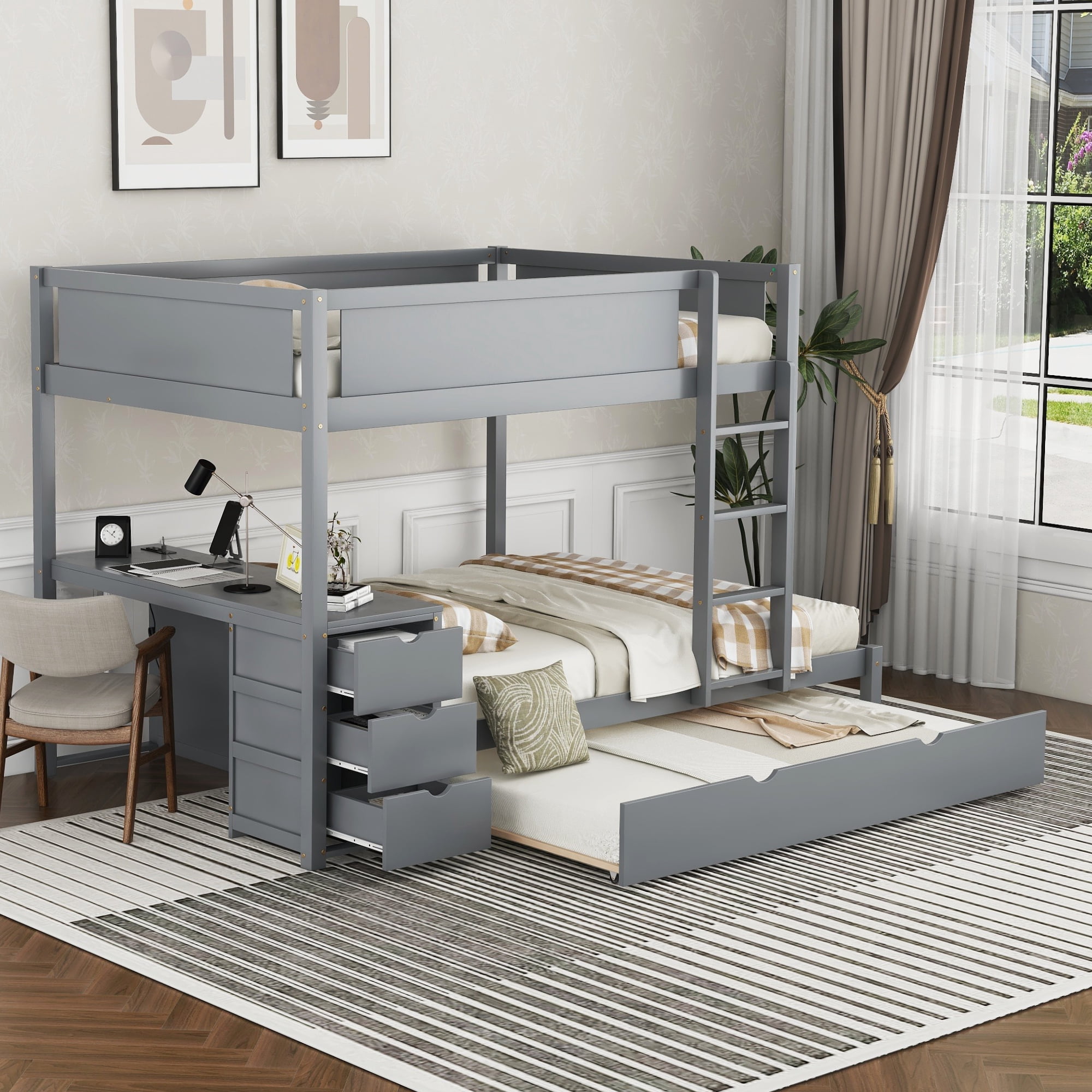 Full-Over-Full Bunk Bed with Twin size Trundle and 3 Storage Drawers, Solid Wood Floor Bunk Bed with Desk, Ladder and Guardrails for Kids Teens Adults