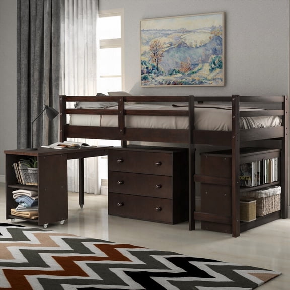 Twin Size Pinewood Loft Bed Frame with Cabinet and Rolling Desk - Espresso (No Box Spring, Sturdy for Bedroom)