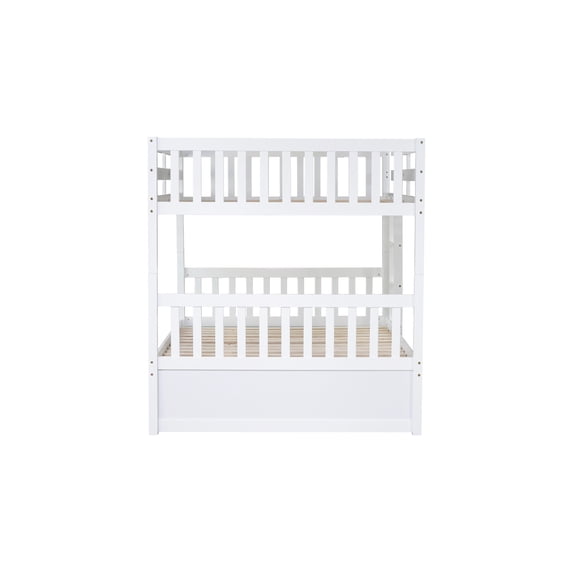 Full Over Full Bunk Bed w/ Trundle, White Rubber Wood, Ladder & Guardrails, Converts to 2 Beds, Bedroom Furniture, American Design, Space-Saving