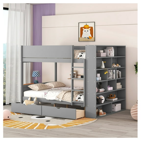 Full Over Full Bunk Bed with 2 Drawers & Multi-Layer Cabinet, Gray