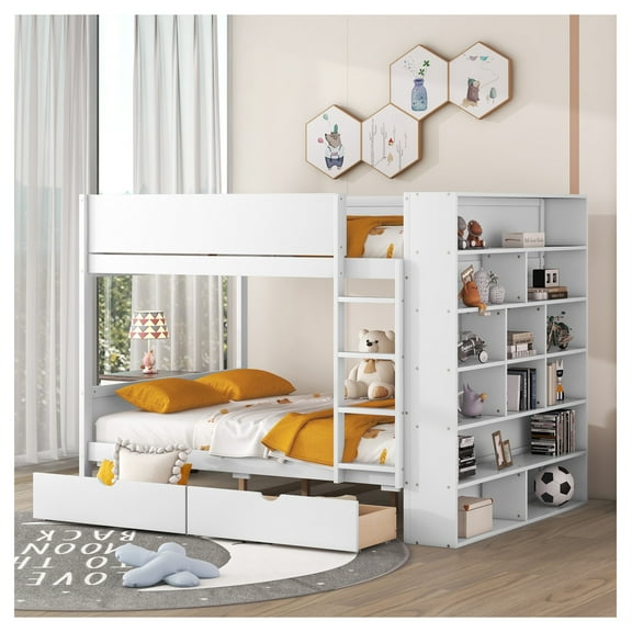 Full Over Full Bunk Bed with 2 Drawers & Multi-Layer Cabinet, White