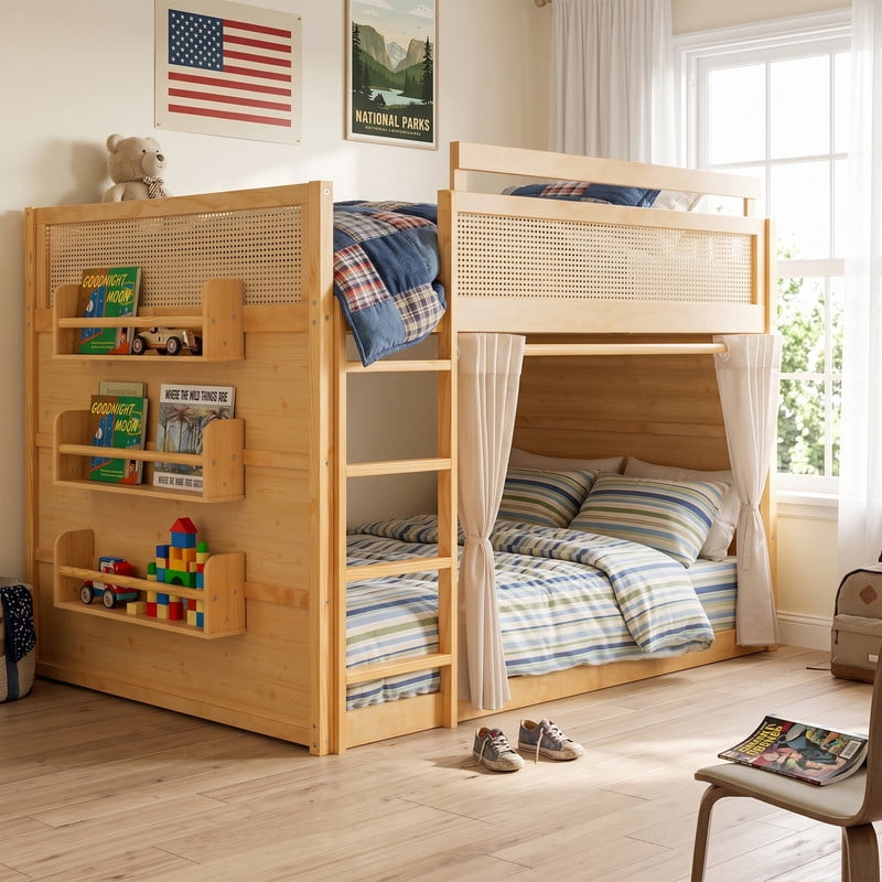Full-Over-Full Bunk Bed with Bedside 3-Tier Storage Bookshelf, Teens/Kids Rattan Guardrail Bed Frame with Curtain & Light
