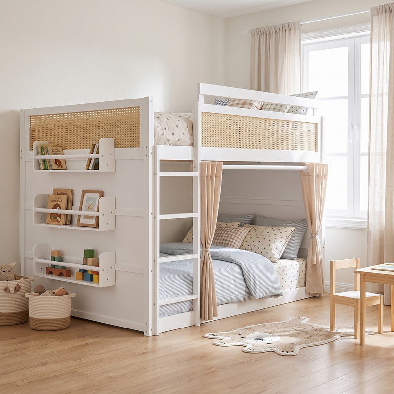 Full-Over-Full Bunk Bed with Bedside 3-Tier Storage Bookshelf, Teens/Kids Rattan Guardrail Bed Frame with Curtain & Light