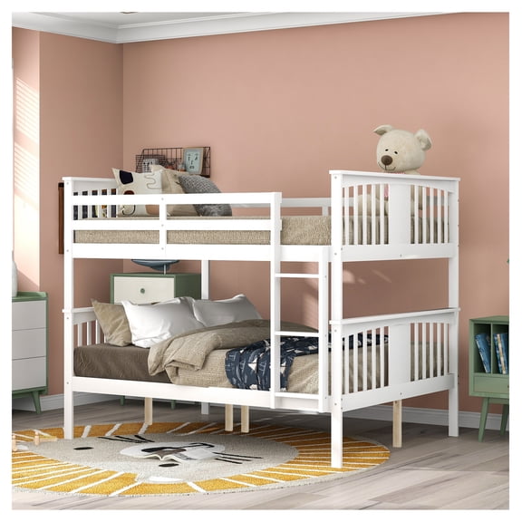 Full Over Full Bunk Bed with Ladder, White, Bedroom & Guest Room Furniture