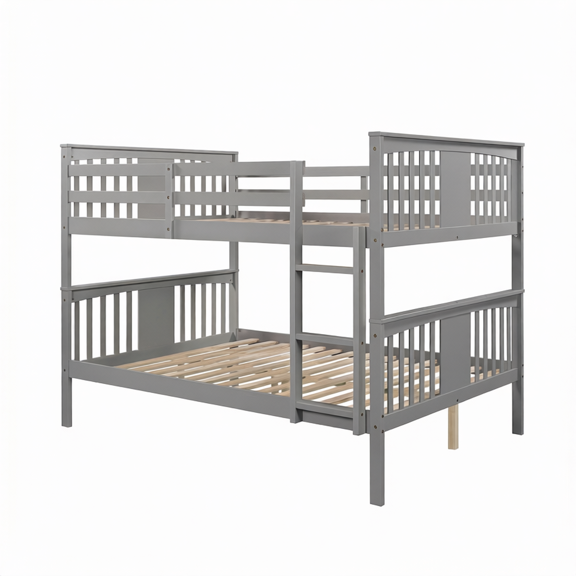 Full Over Full Bunk Bed with Ladder and Slats, Split Design, Gray, No Box Spring Required