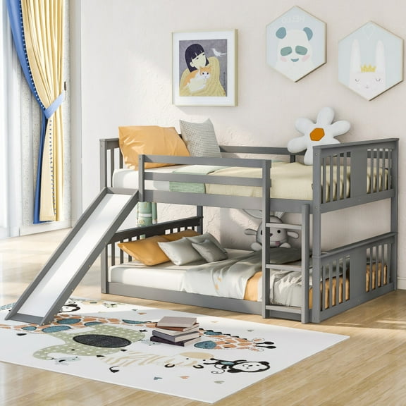 [Luckynote]Full Over Full Bunk Bed with Ladder with Slide, Gray
