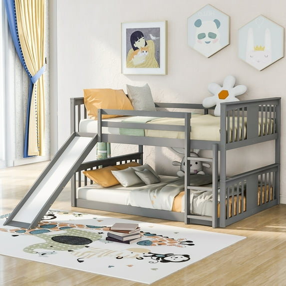 Full Over Full Bunk Bed with Ladder with Slide, Gray