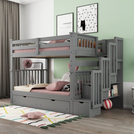 Full Over Full Bunk Bed with Shelves and 6 Storage Drawers, Gray