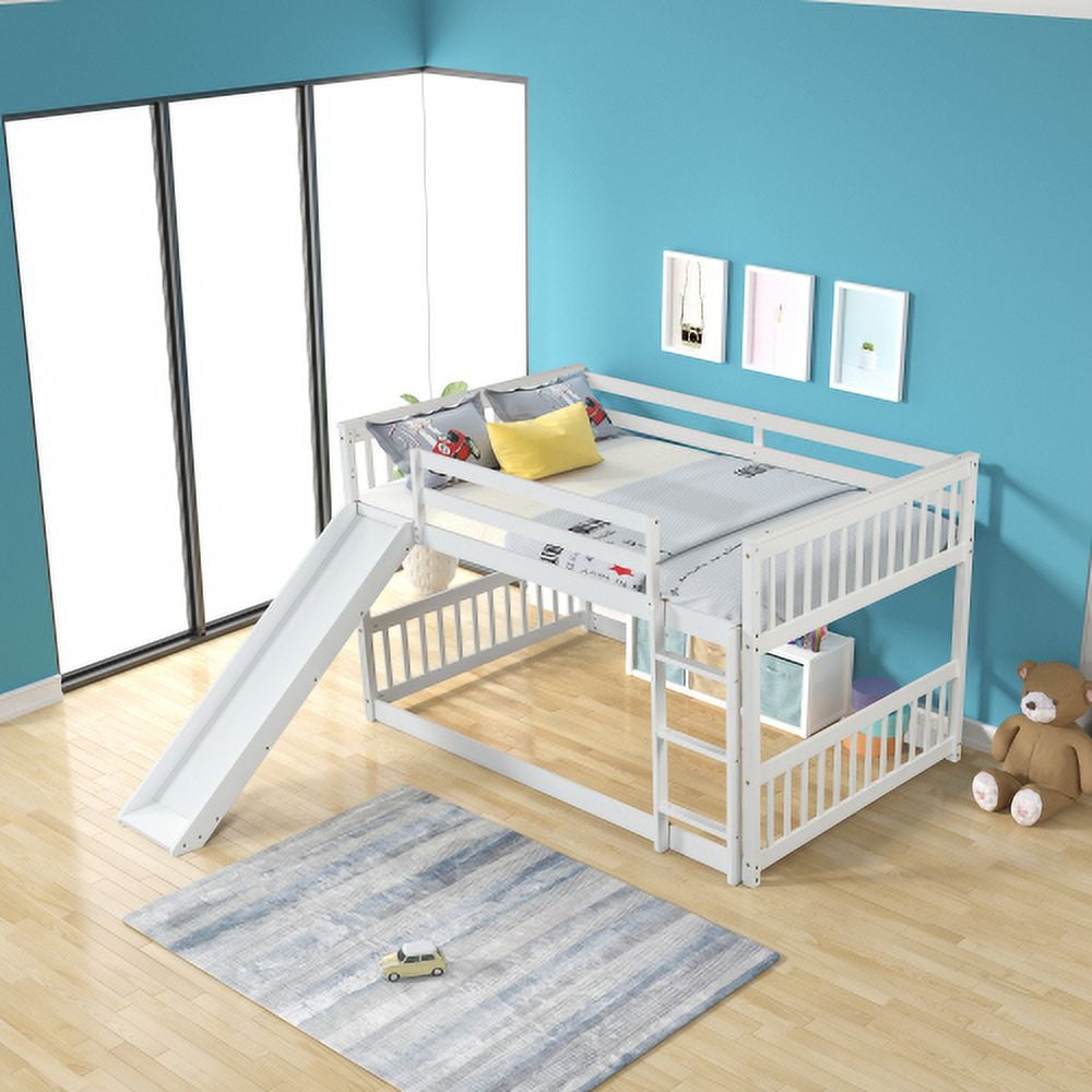 Full Over Full Bunk Bed with Slide, Solid Wood Low Bunk Bed with Slide ...