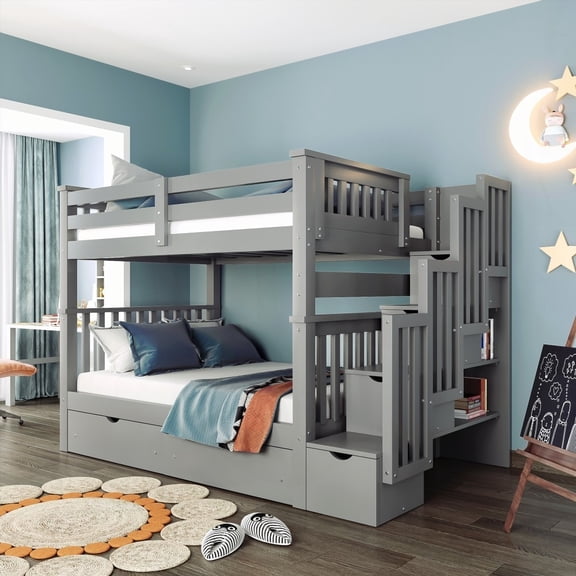 Full Over Full Bunk Bed with Storage - Gray, Solid Pine | Space Maximized