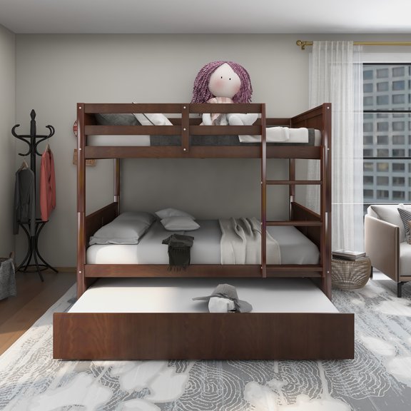 Full Over Full Bunk Bed with Twin Size Trundle, Espresso
