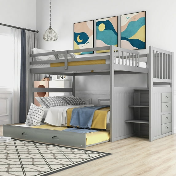 Full Over Full Bunk Bed with Twin Size Trundle and Stairway Convertible to Separate 2 Beds Full-Length Safety Guard Rail No Box Spring Needed