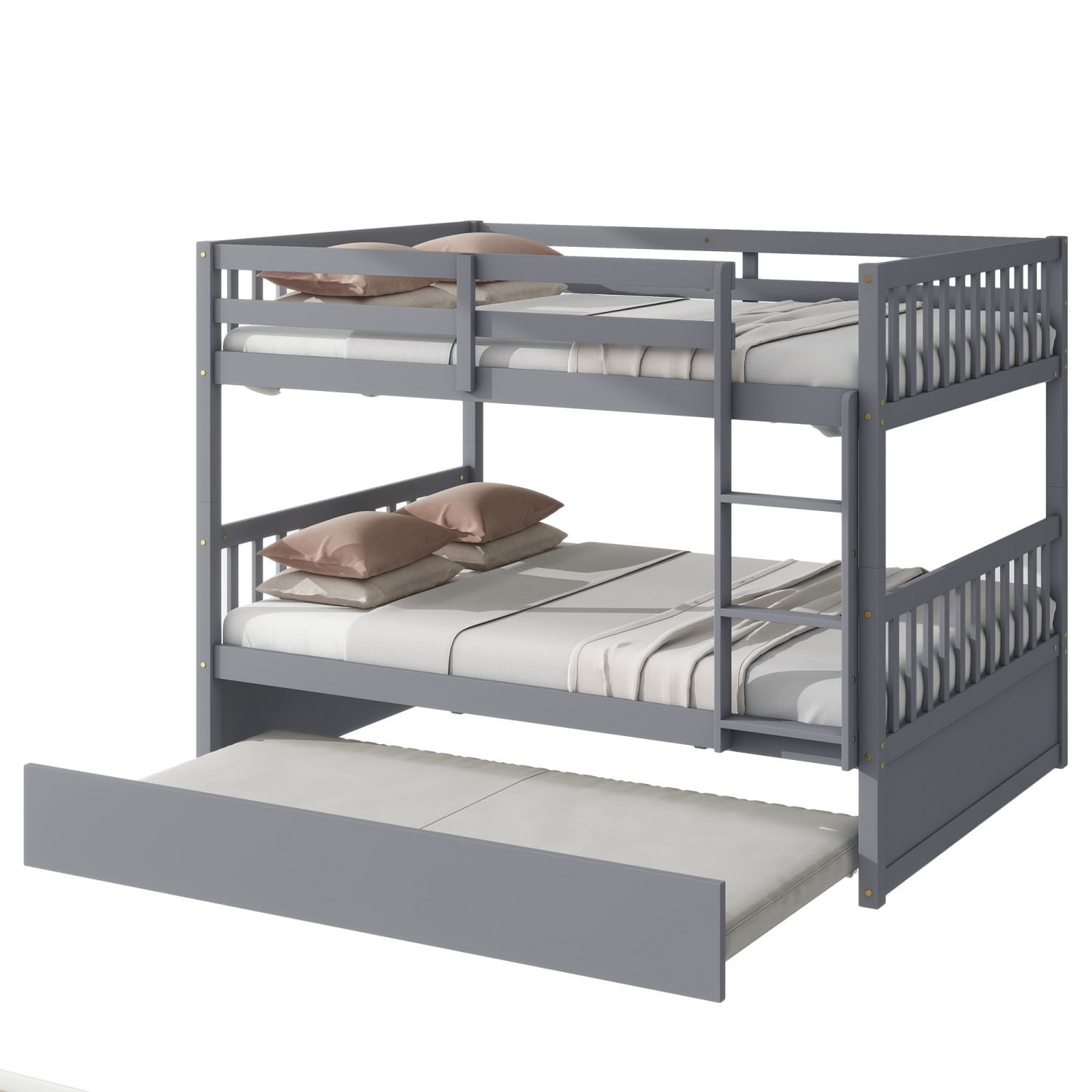 Full Over Full Bunk Bed with Twin Trundle, Convertible Wooden Bunk Bed with Guardrails & Ladder, Detachable into 2 Full Size Beds, Grey