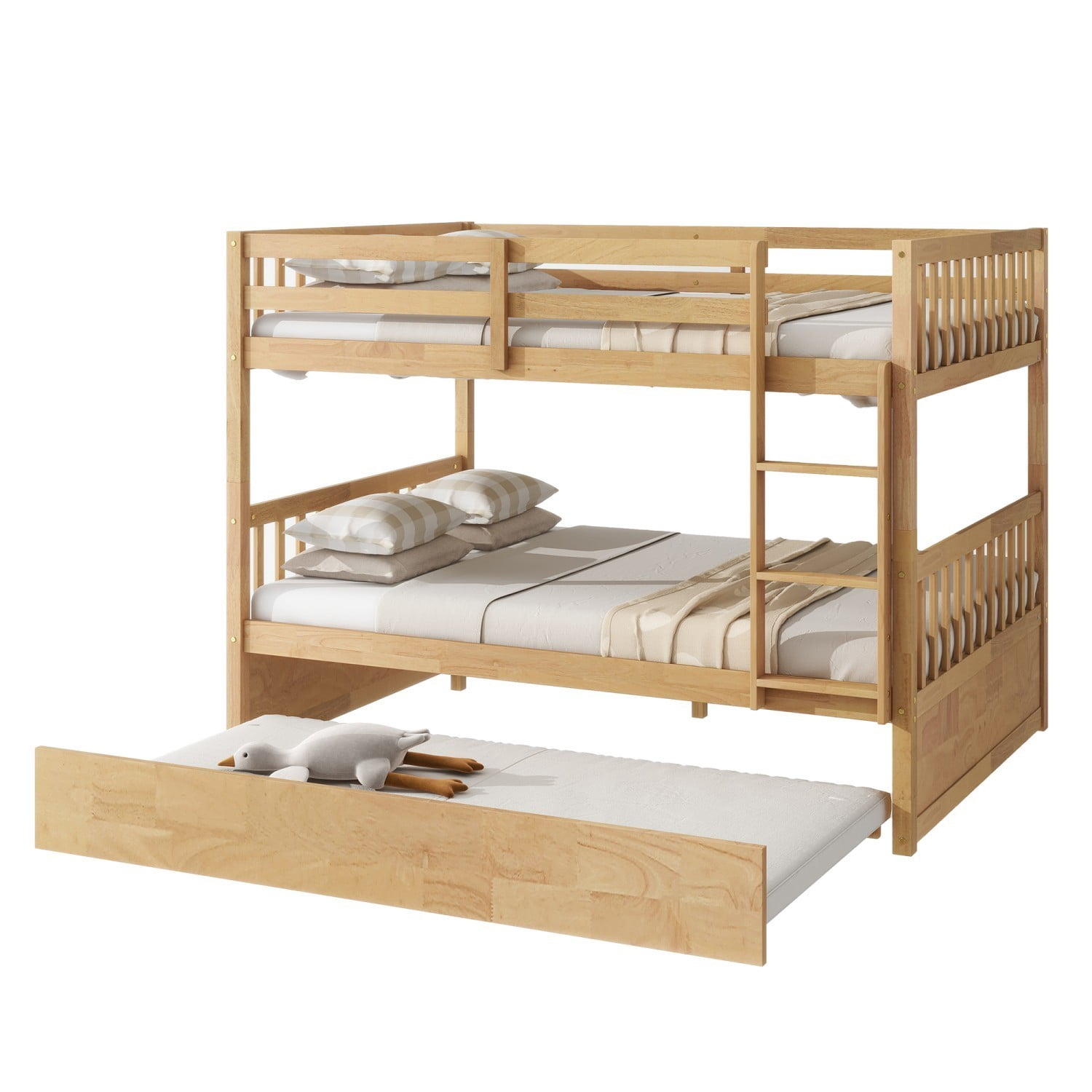 Full Over Full Bunk Bed with Twin Trundle, Convertible Wooden Bunk Bed with Guardrails & Ladder, Detachable into 2 Full Size Beds, Natural