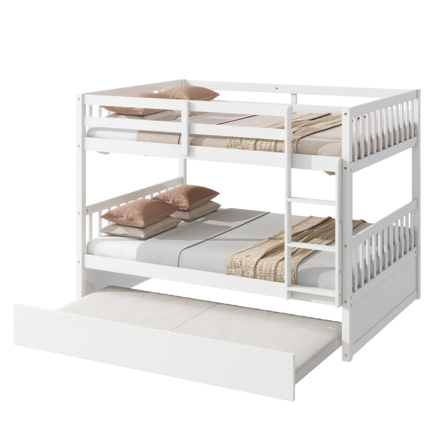 Full Over Full Bunk Bed with Twin Trundle, Convertible Wooden Bunk Bed with Guardrails & Ladder, Detachable into 2 Full Size Beds, White