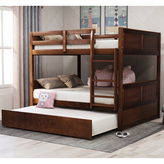 Full - Over - Full Bunk Bed with Twin Trundle, Pine and Plywood / Easy to Split, Good for Sleepovers