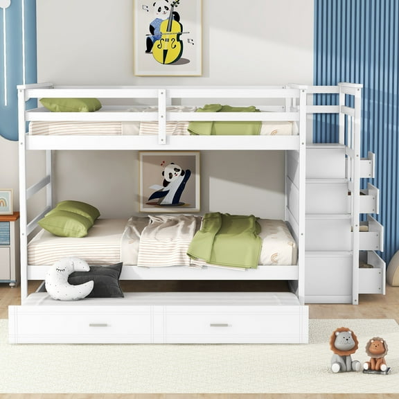 Full Over Full Bunk Bed with Twin Trundle, Staircase Storage Drawers, Solid Wood Frame, Space Saving Bed System for Multiple Sleepers,White