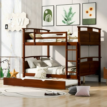Full-Over-Full Bunk Bed with Twin size Trundle , Separable Bunk Bed for Bedroom Brown