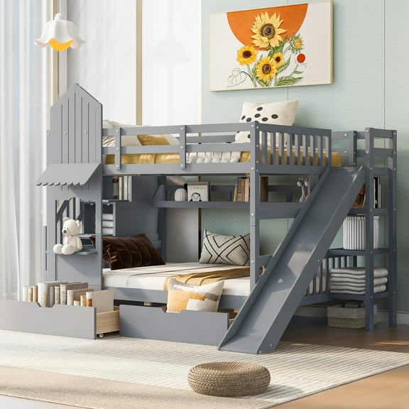 Full-Over-Full Castle Style Bunk Bed with 2 Drawers 3 Shelves and Slide - Gray
