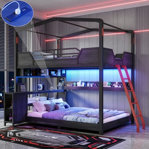 Full-Over-Full Gaming Kids Bunk Bed with Desk, LED Lights & Power Outlet, House-Shaped Metal Storage Bed Frame with Shelves