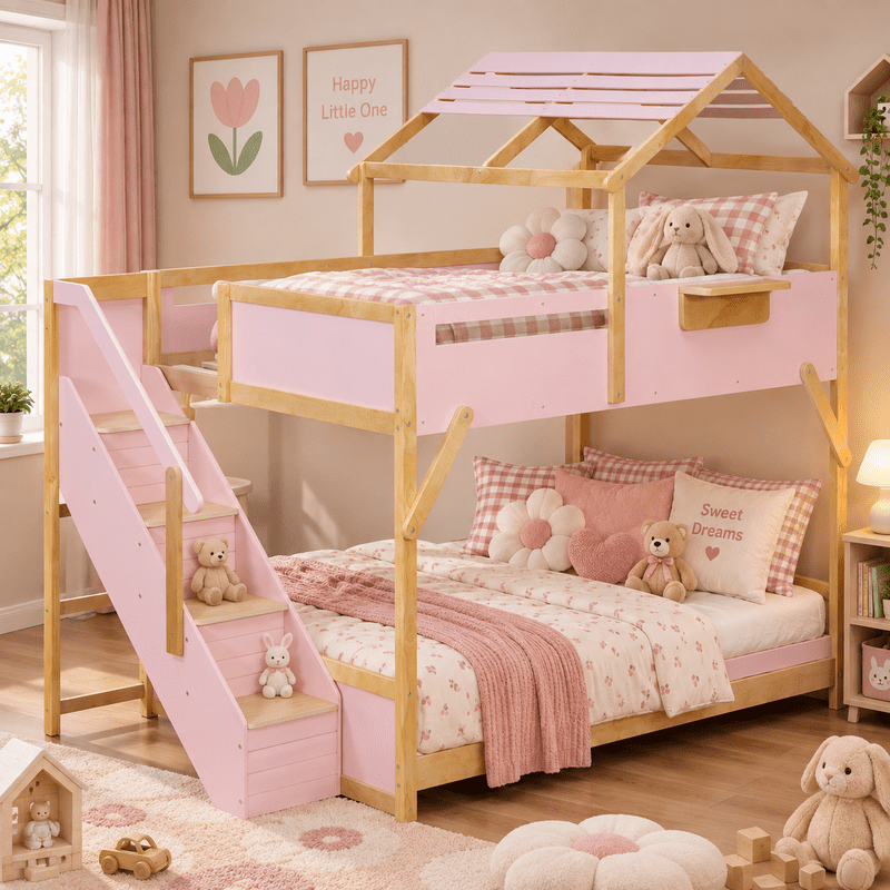Full Over Full House Bunk Bed with Stairs, 3-Color LED Lights, Built-in Storage Panel, Wood House Bunk Bed Frame for Kids Teens, No Box Spring Needed
