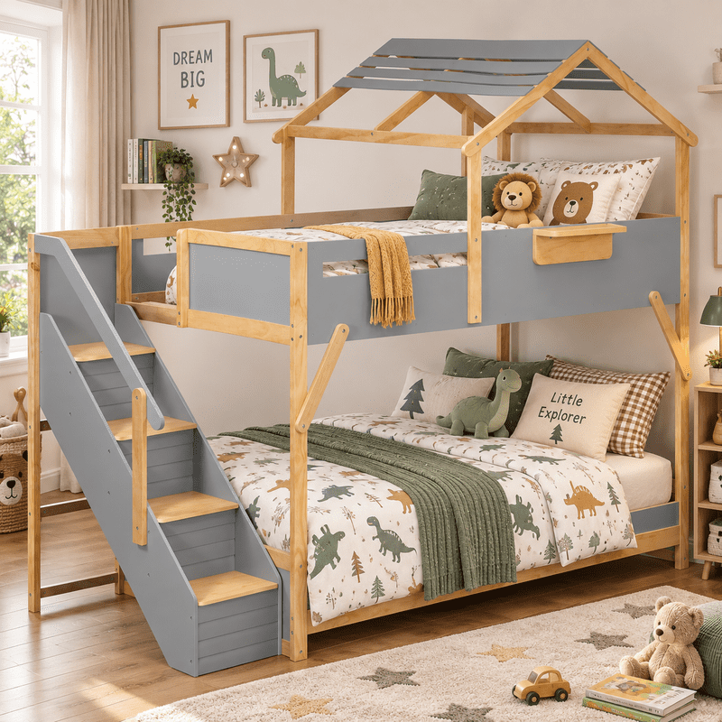 Full Over Full House Bunk Bed with Stairs, 3-Color LED Lights, Built-in Storage Panel, Wood House Bunk Bed Frame for Kids Teens, No Box Spring Needed
