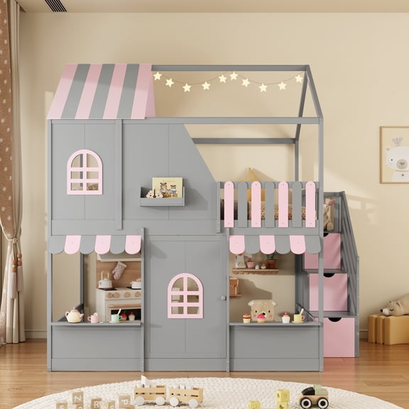 Full Over Full House Bunk, Gray, Durable Build, Quality Materials, Sturdy Construction