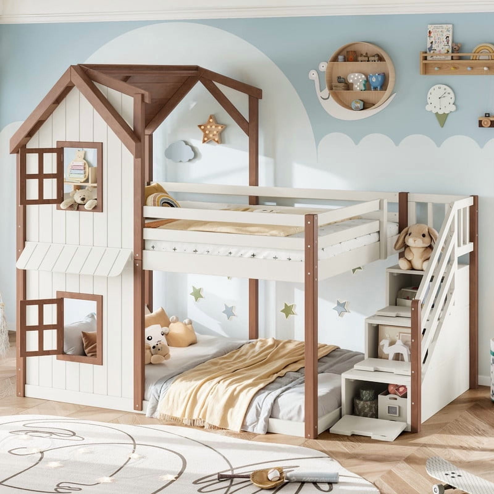 Full-Over-Full Kids House Bed Frame with Storage Stairs & Bottom Floor Bed, Playhouse Bunk Bed with Roof & Window