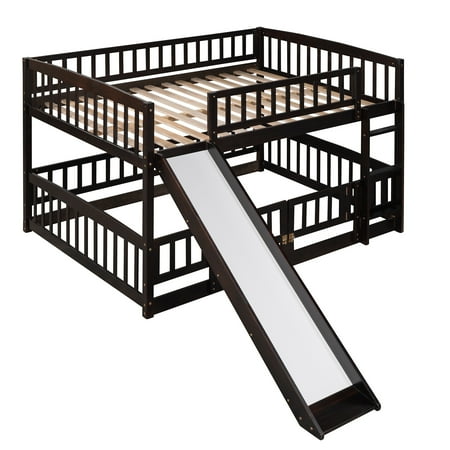 Full Over Full Low Bunk Bed With Fence and Ladder, Wooden Bunk Bed with Slide