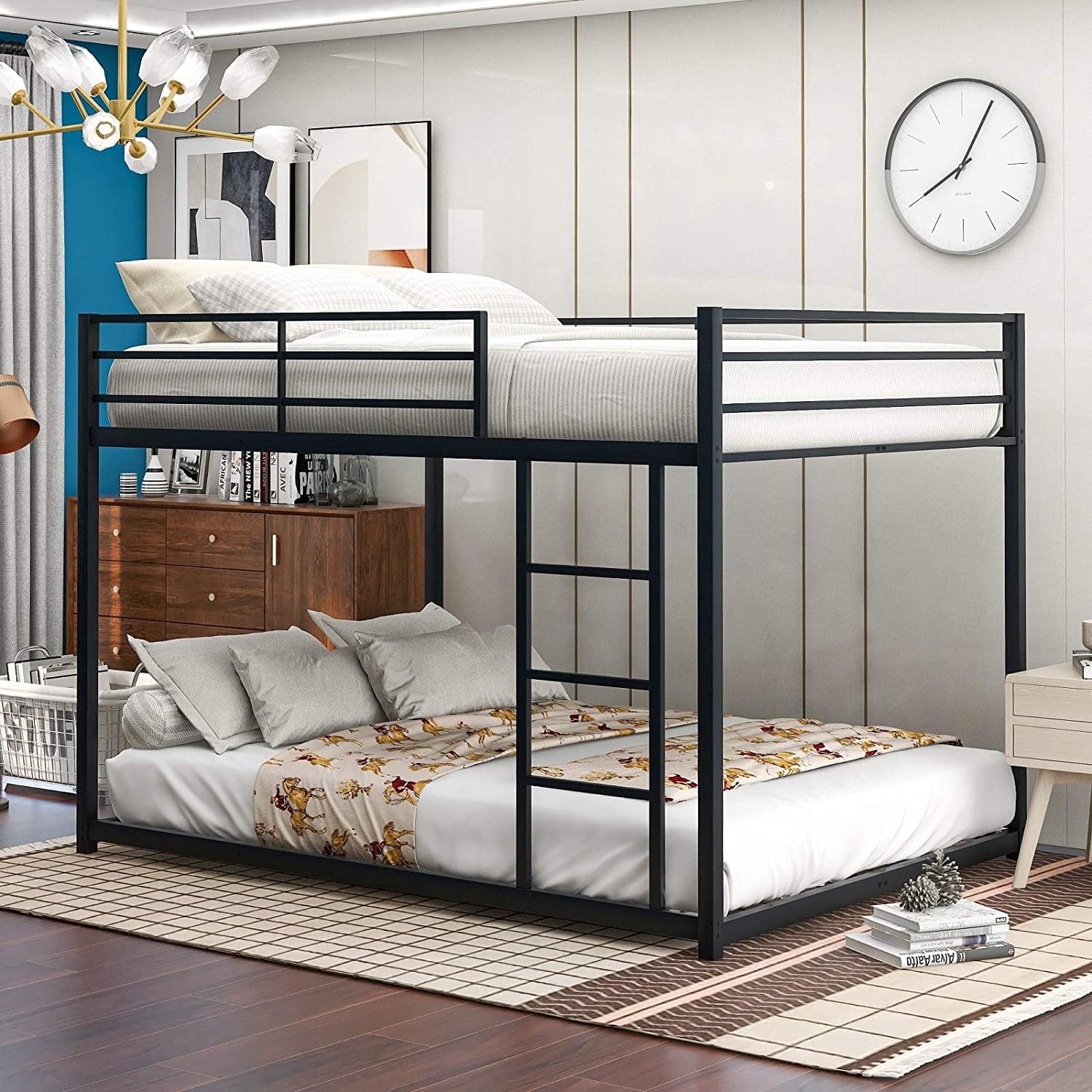 Full Over Full Low Bunk Bed with Ladder Metal Bunk Beds Heavy Duty Bed