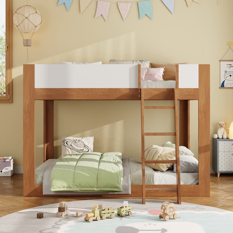 Full-Over-Full Low-Profile Bunk Bed with Guardrails, Wooden Kids Bed with Reversible Ladder, Accent Two-Tone Bed Frame