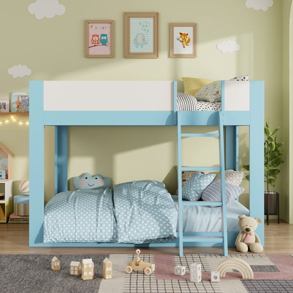 Full-Over-Full Low-Profile Bunk Bed with Guardrails, Wooden Kids Bed with Reversible Ladder, Accent Two-Tone Bed Frame