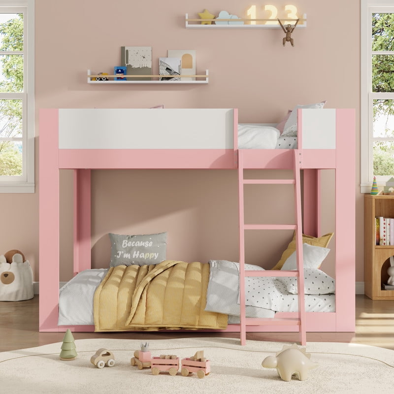 Full-Over-Full Low-Profile Bunk Bed with Guardrails, Wooden Kids Bed with Reversible Ladder, Accent Two-Tone Bed Frame