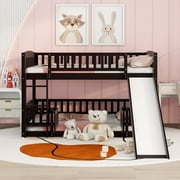 Full Over Full Low Solid Wood Bunk Bed with Fence and Ladder, Reinforced Structure for Toddler Kids Teens, Space-Saving Design(Espresso)