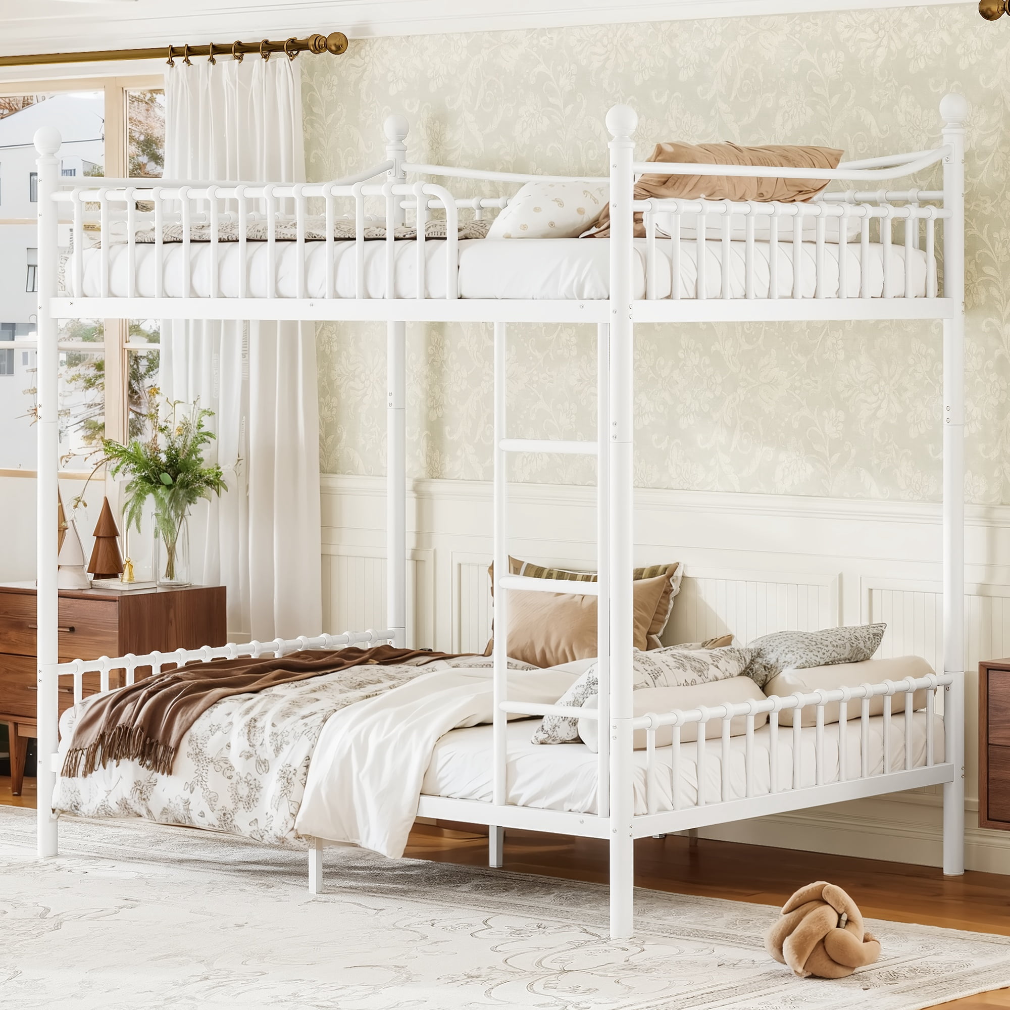 Full Over Full Metal Bunk Bed 83.07 Inch, Curved Guardrail Round Tube Frame for Kids Teens Adults, No Box Spring Needed, White
