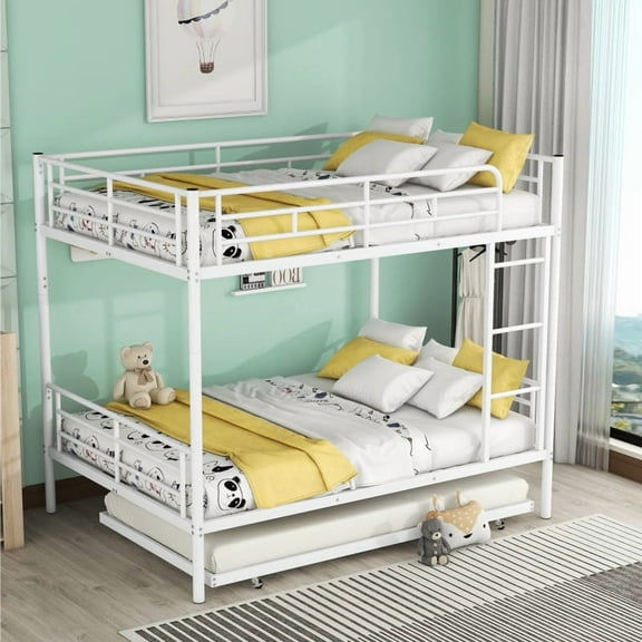 [Luckynote]Full Over Full Metal Bunk Bed with Trundle, White