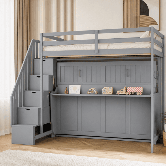 Full Over Full Murphy Bunk Bed with Loft Bed, Hydraulic Lift, Hidden Desk and Storage Staircase, Gray