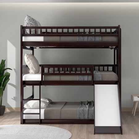 Full-Over-Full-Over-Full Bunk Beds with Built-in Ladder and Slide Pine Wood Bunk Bed with Sturdy Modern Bed Frame for Kids’ Room, Guest Bedroom